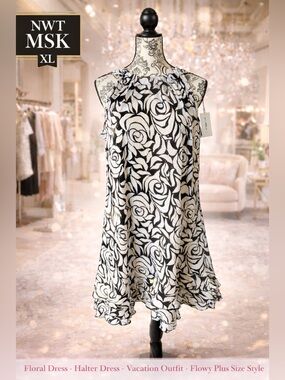 NWT MSK Floral Halter Dress Black White Rose Print Sequins Ruffle Hem XL